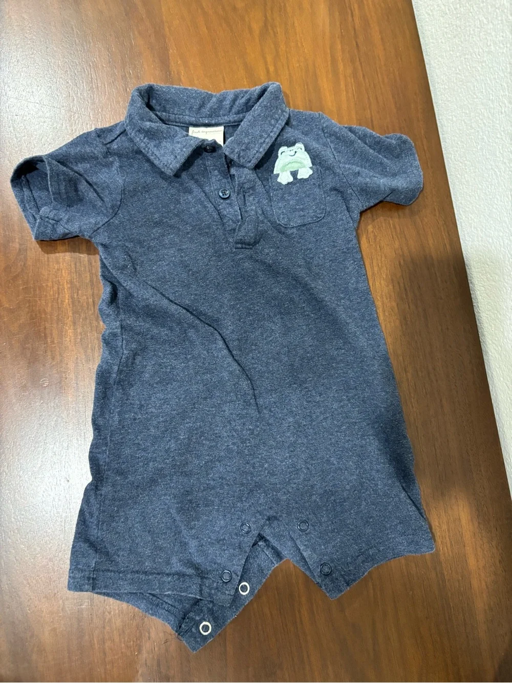 First Impressions Navy Blue Short-Sleeve Romper with Frog Patch